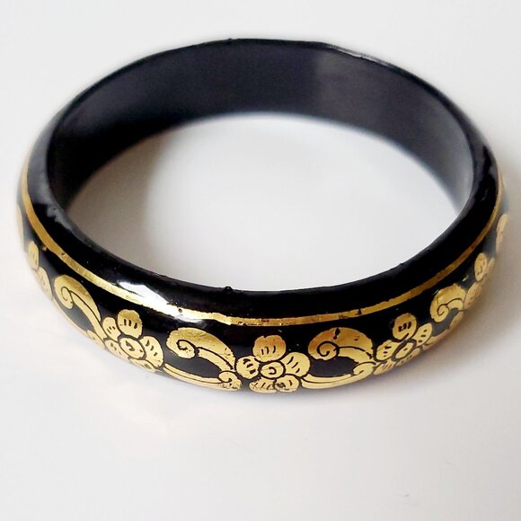 Gold Painted Black Lacquered Bangle Scroll Floral Motifs Folk Art - Picture 3 of 6